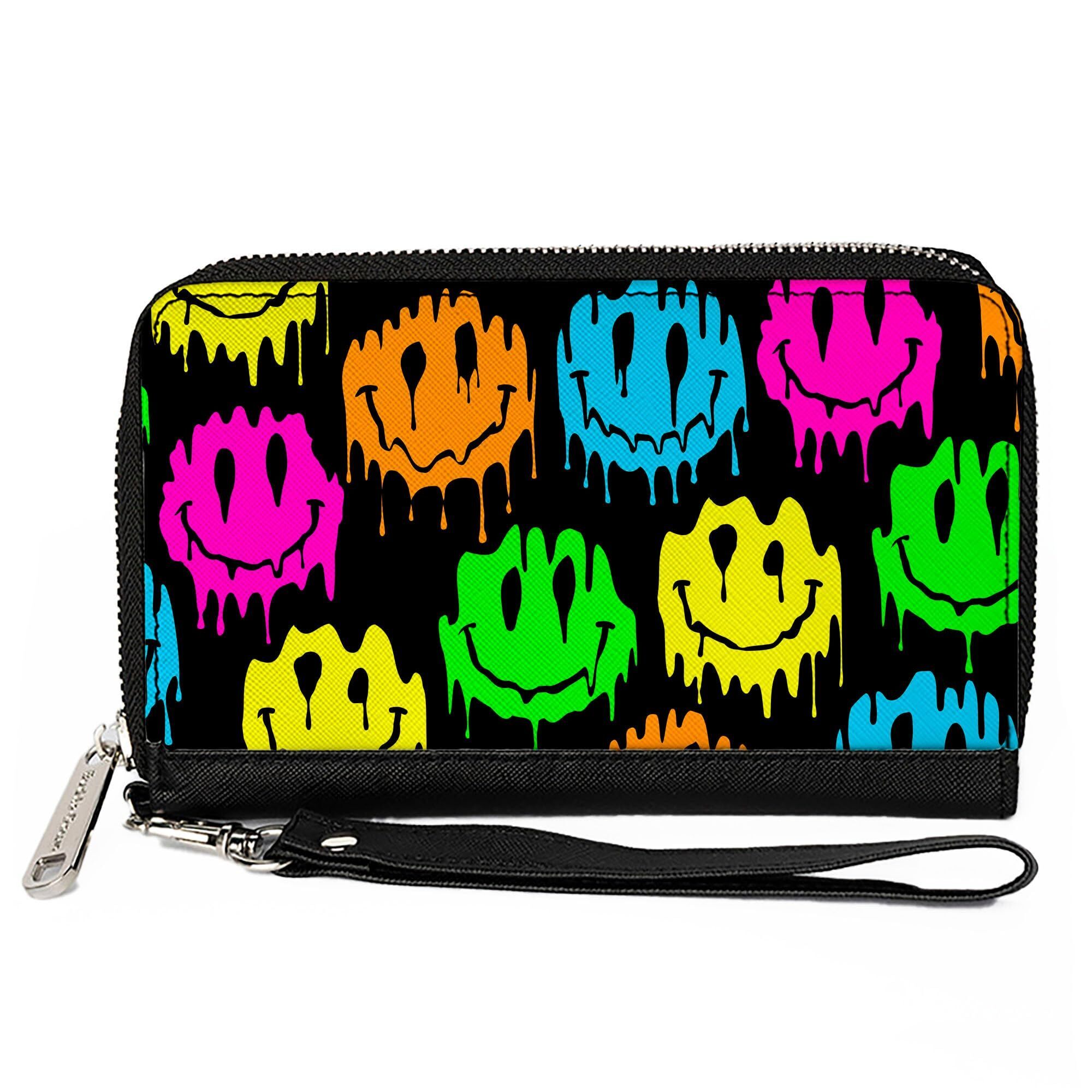 9285 Wallet, Zip Around, Smiley Face Melted Repeat Black Multi Neon, Vegan